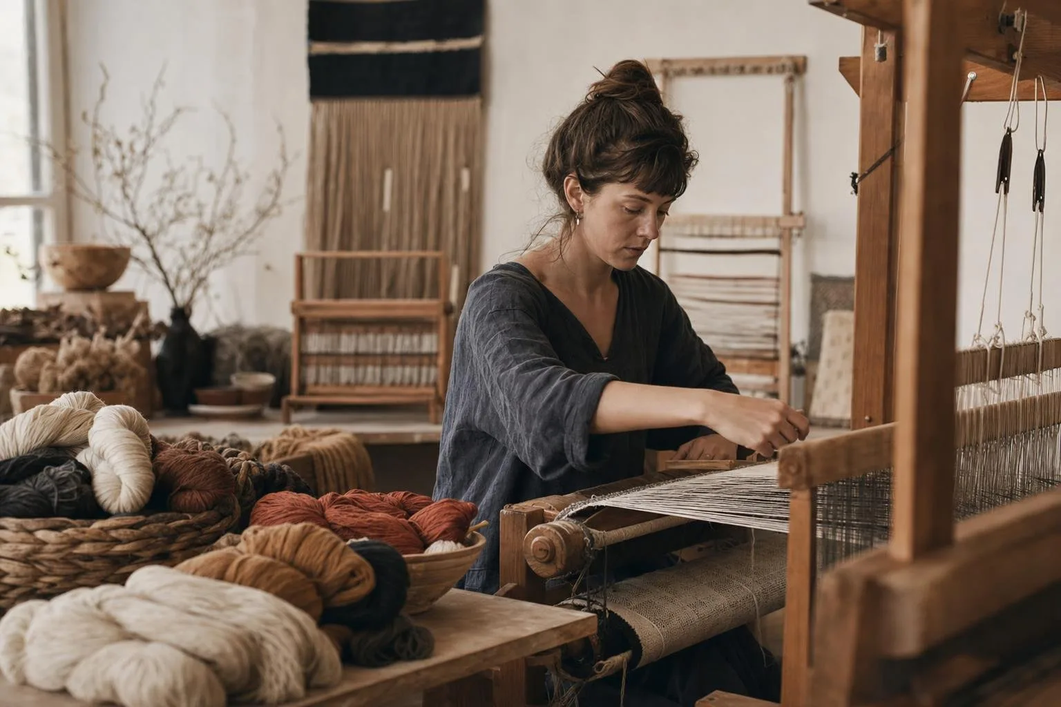 Hands passing a shuttle across a warped floor loom