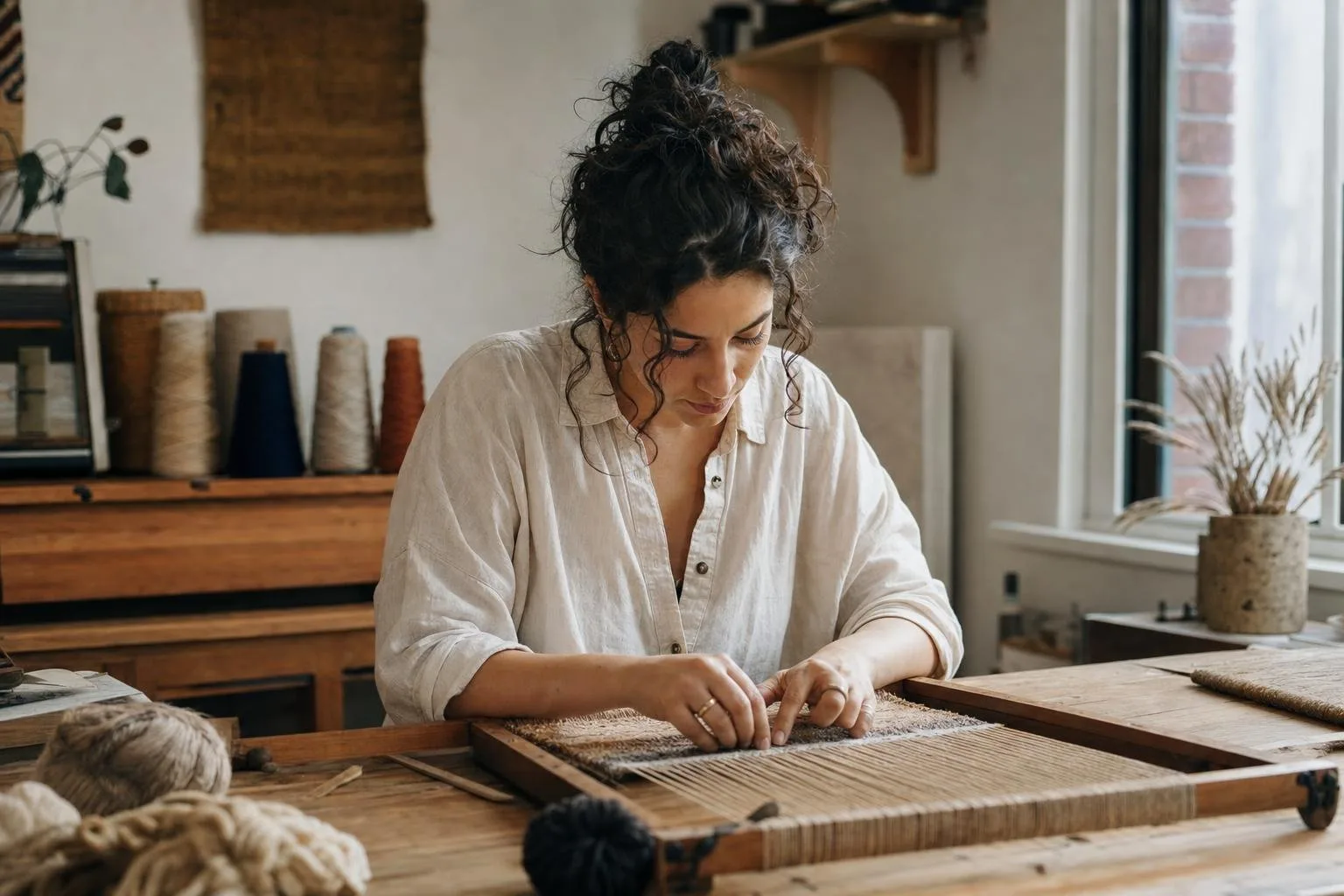 Floor loom strung with undyed wool and linen in a bright studio